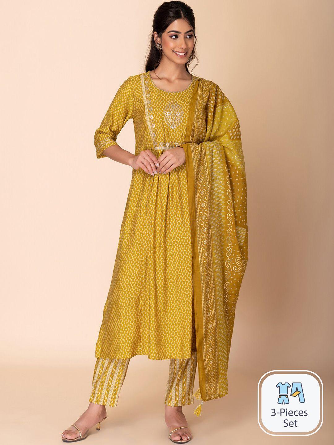 indya ethnic motifs printed thread work a-line kurta with pant & dupatta