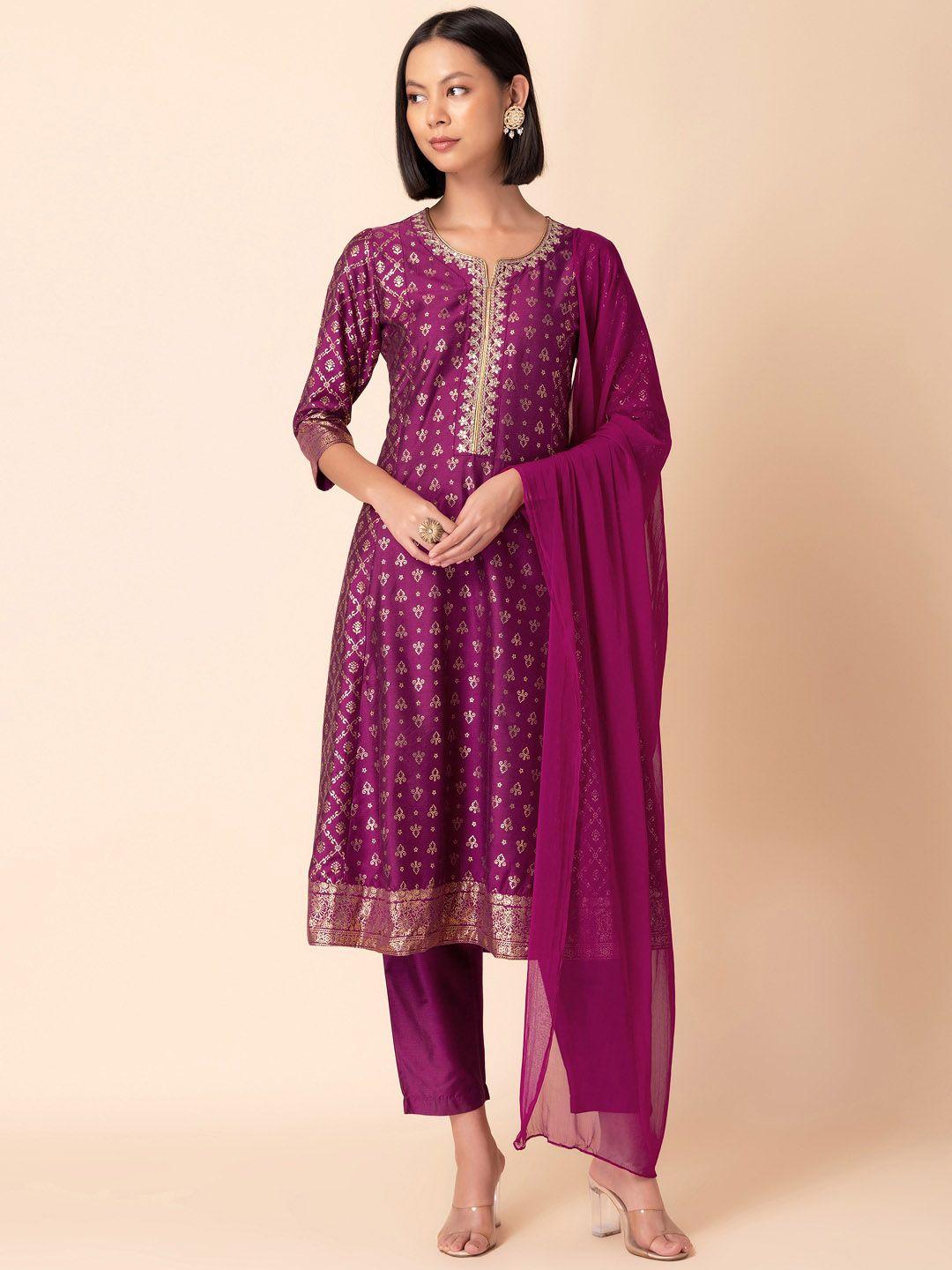 indya ethnic motifs printed thread work detailed a-line kurta & trouser dupatta