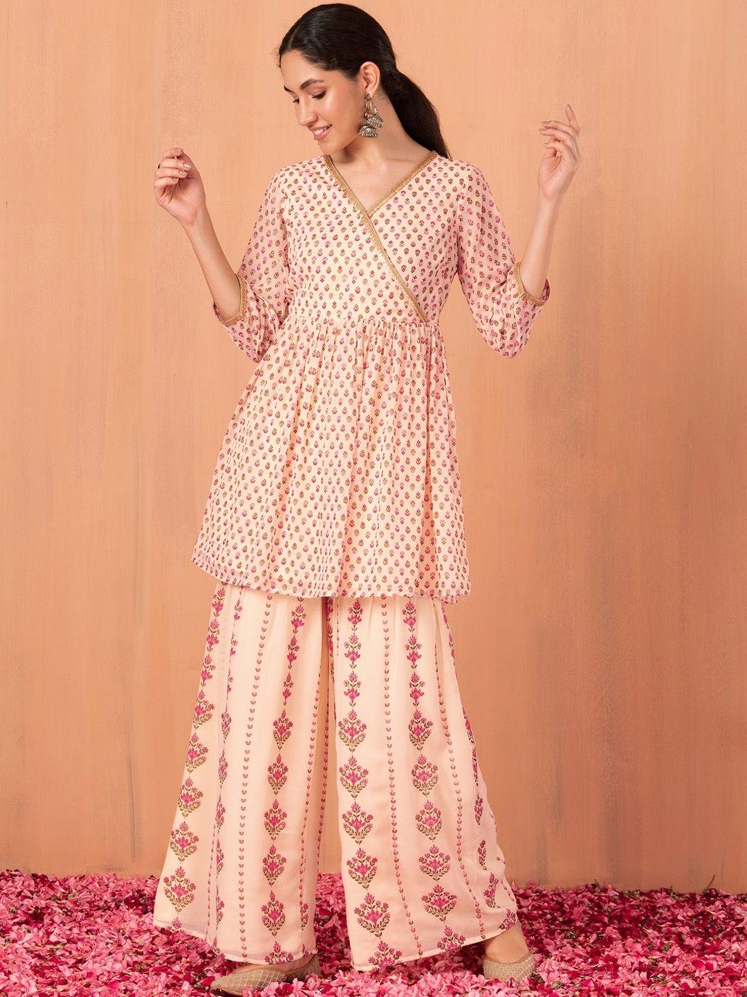 indya ethnic motifs printed v-neck angrakha a-line kurti with palazzo