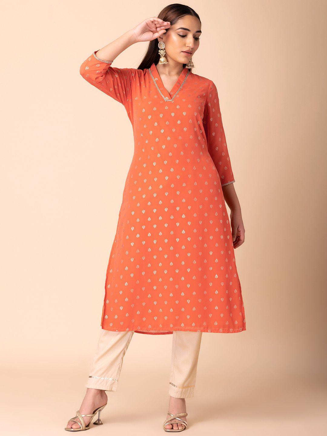 indya ethnic motifs printed v-neck georgette straight kurta