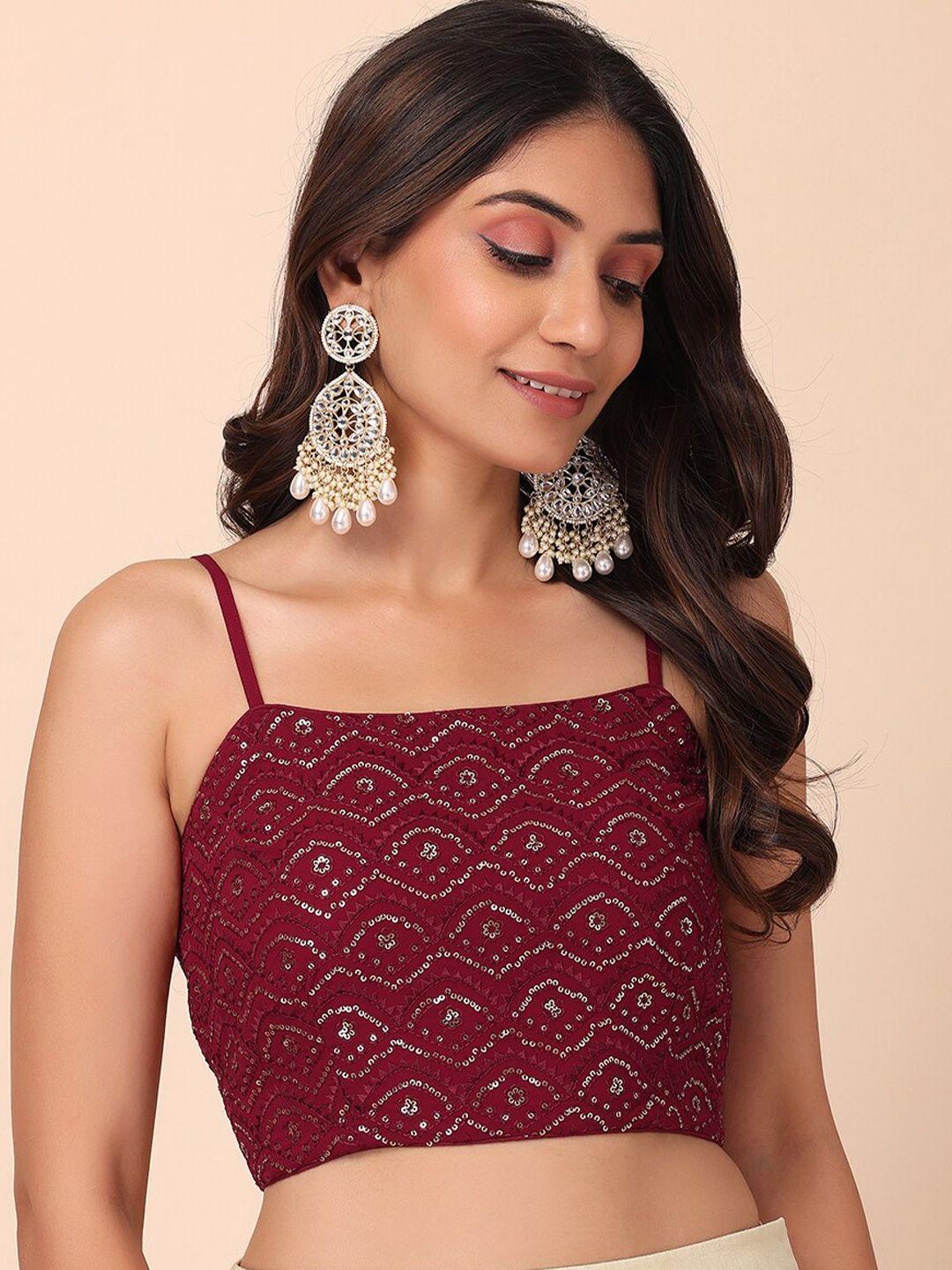 indya ethnic motifs sequinned embroidered blouson crop top