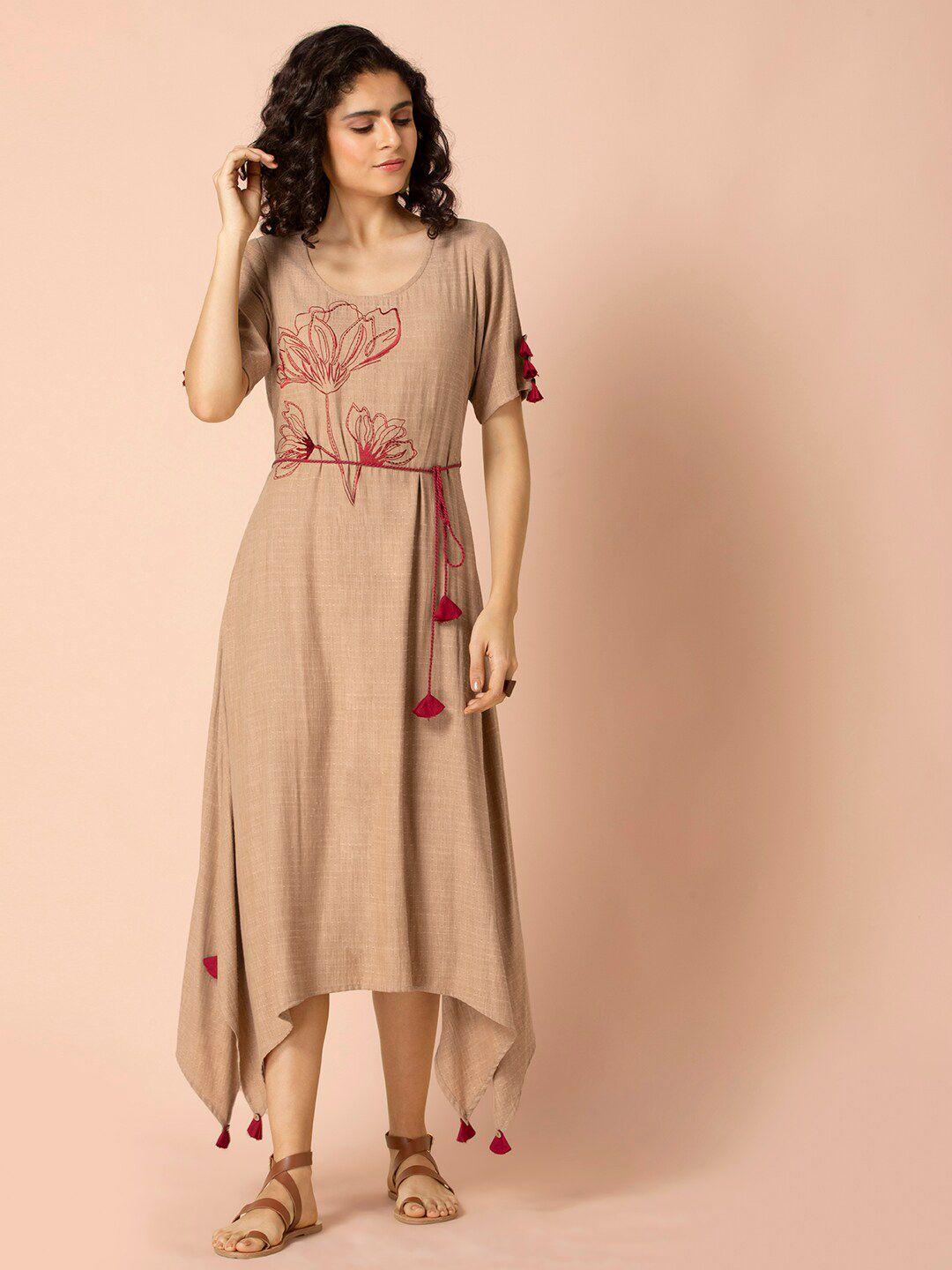 indya floral embroidered asymmetric fit & flare dress