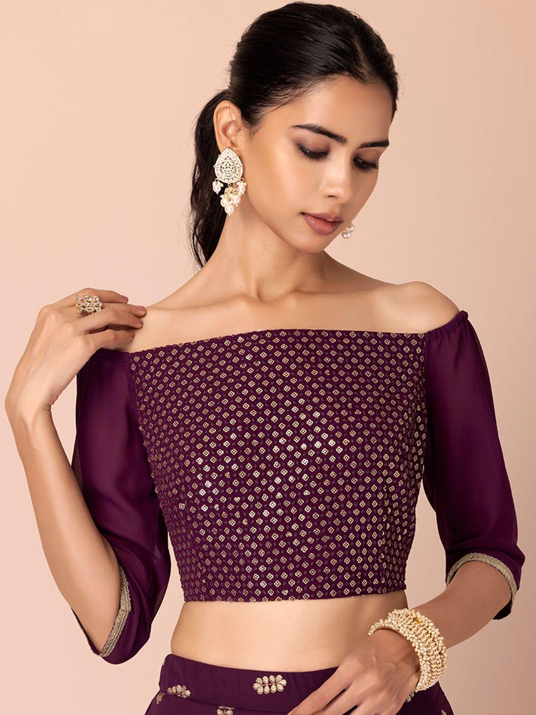 indya floral embroidered off-shoulder georgette bardot crop top