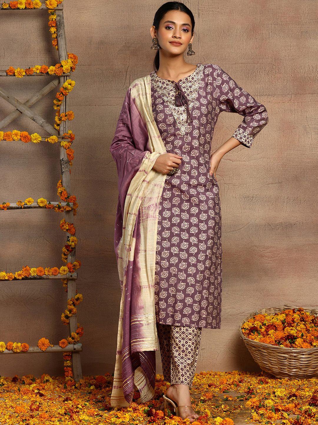 indya floral embroidered round neck straight kurta with trousers & dupatta