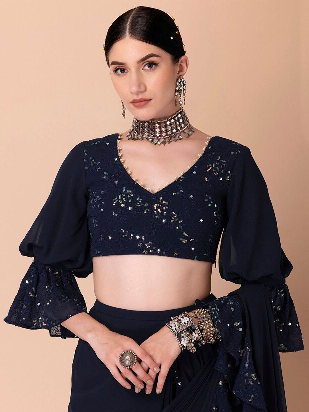 indya floral-embroidered sequinned v-neck saree blouse