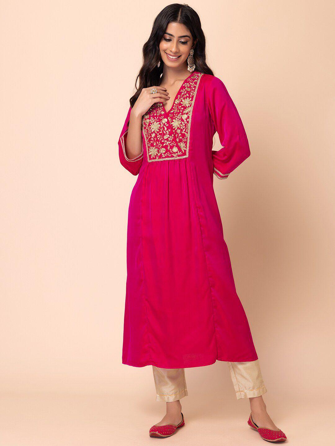 indya floral embroidered yoke v-neck a-line kurta