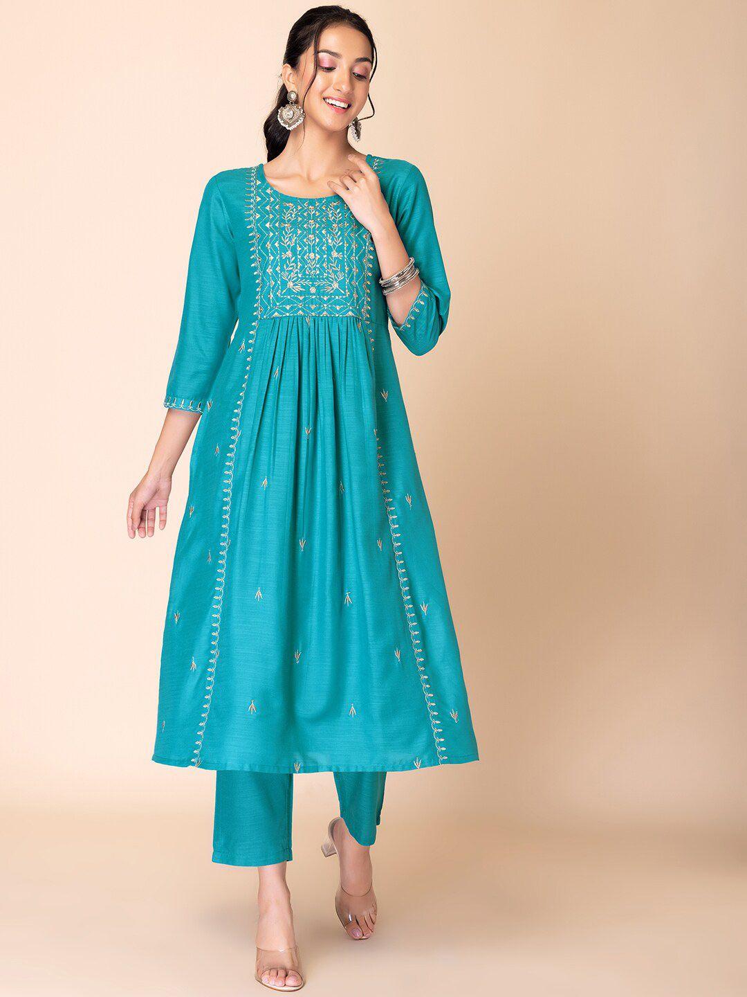 indya floral embroidered zari a-line kurta with trouser