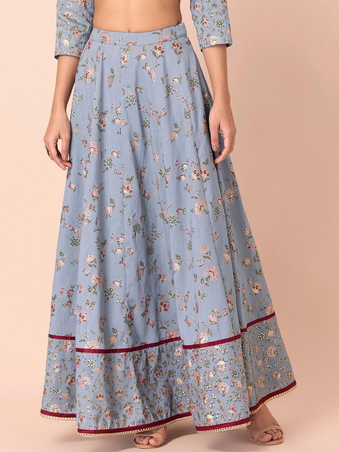indya floral foil printed flared maxi skirt