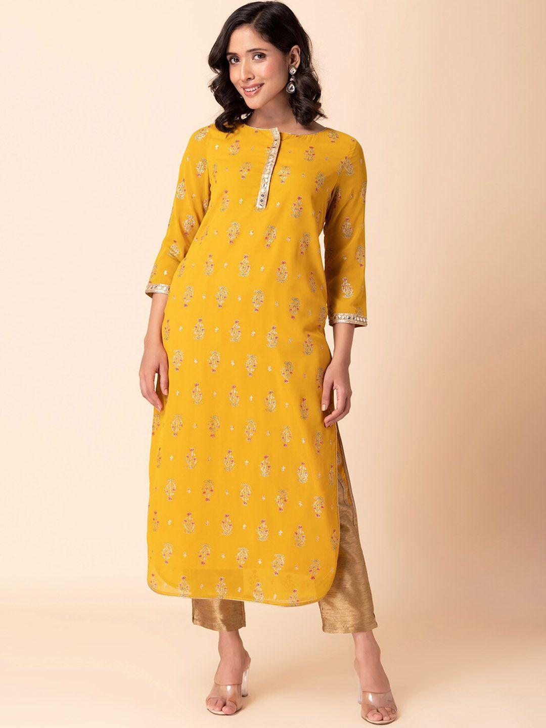 indya floral foil printed mirror work straight kurta