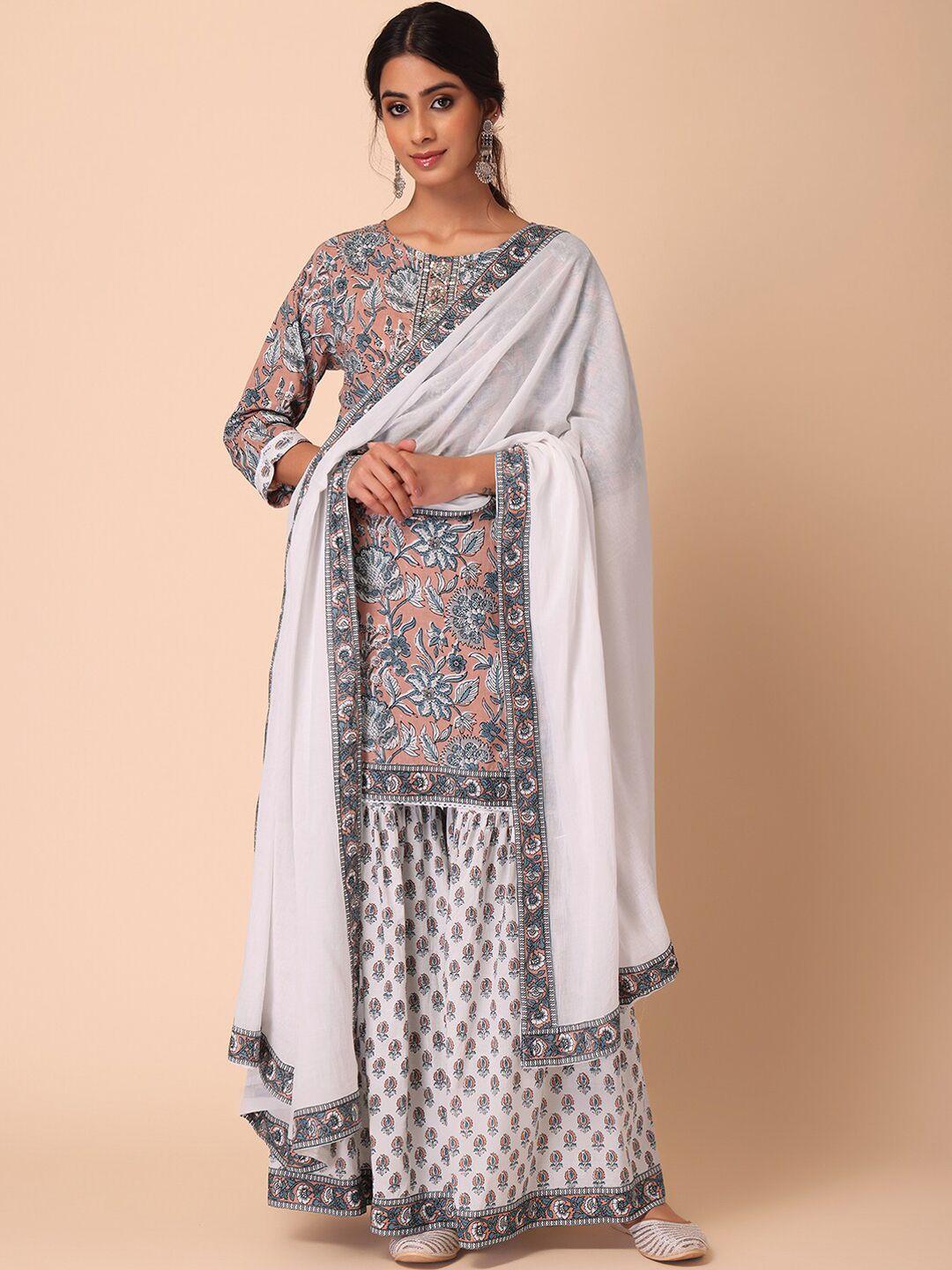 indya floral jaal printed & embroidered cotton straight kurta with sharara & dupatta set