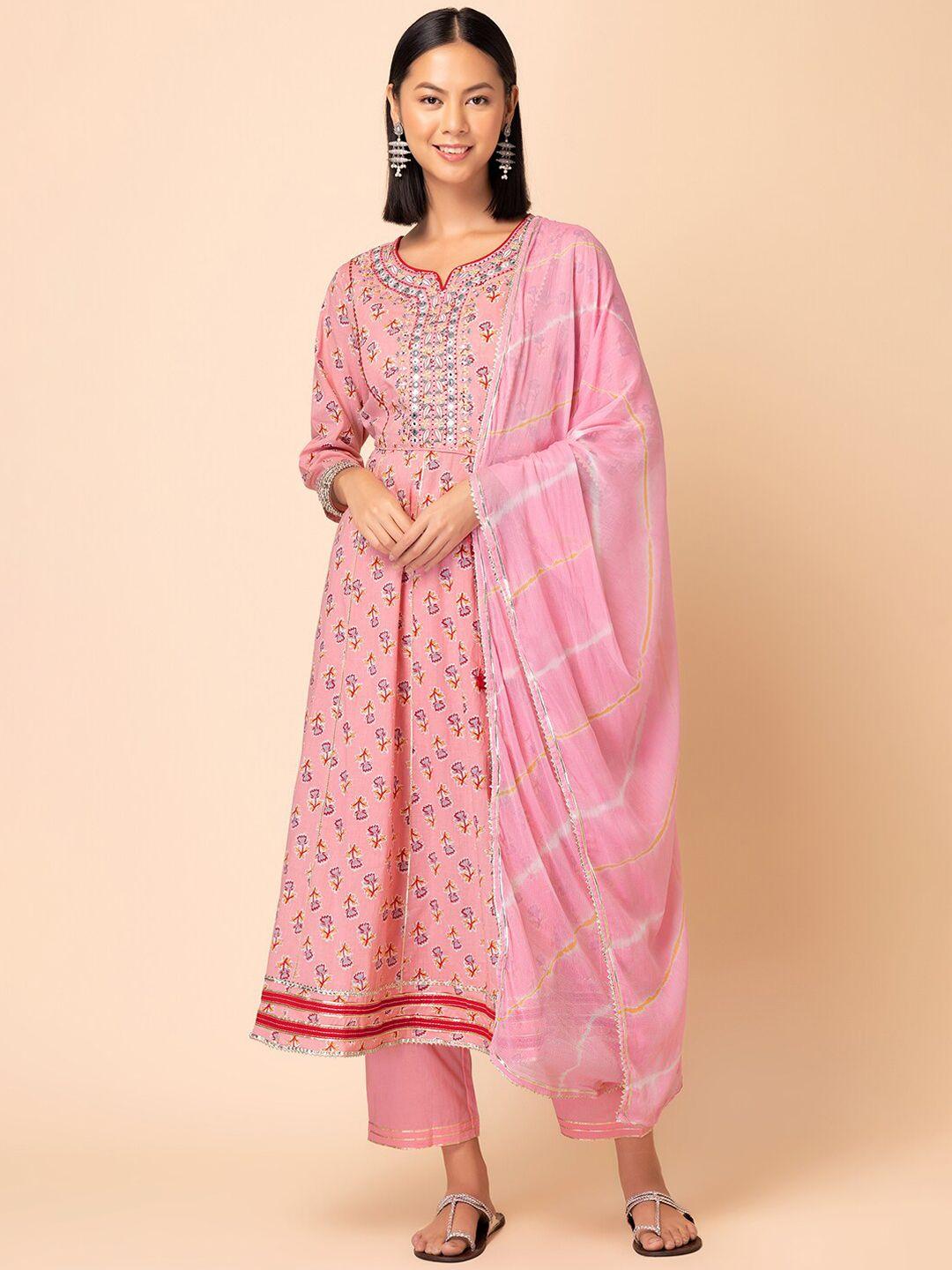indya floral printed & embroidered a-line kurta with trouser & dupatta