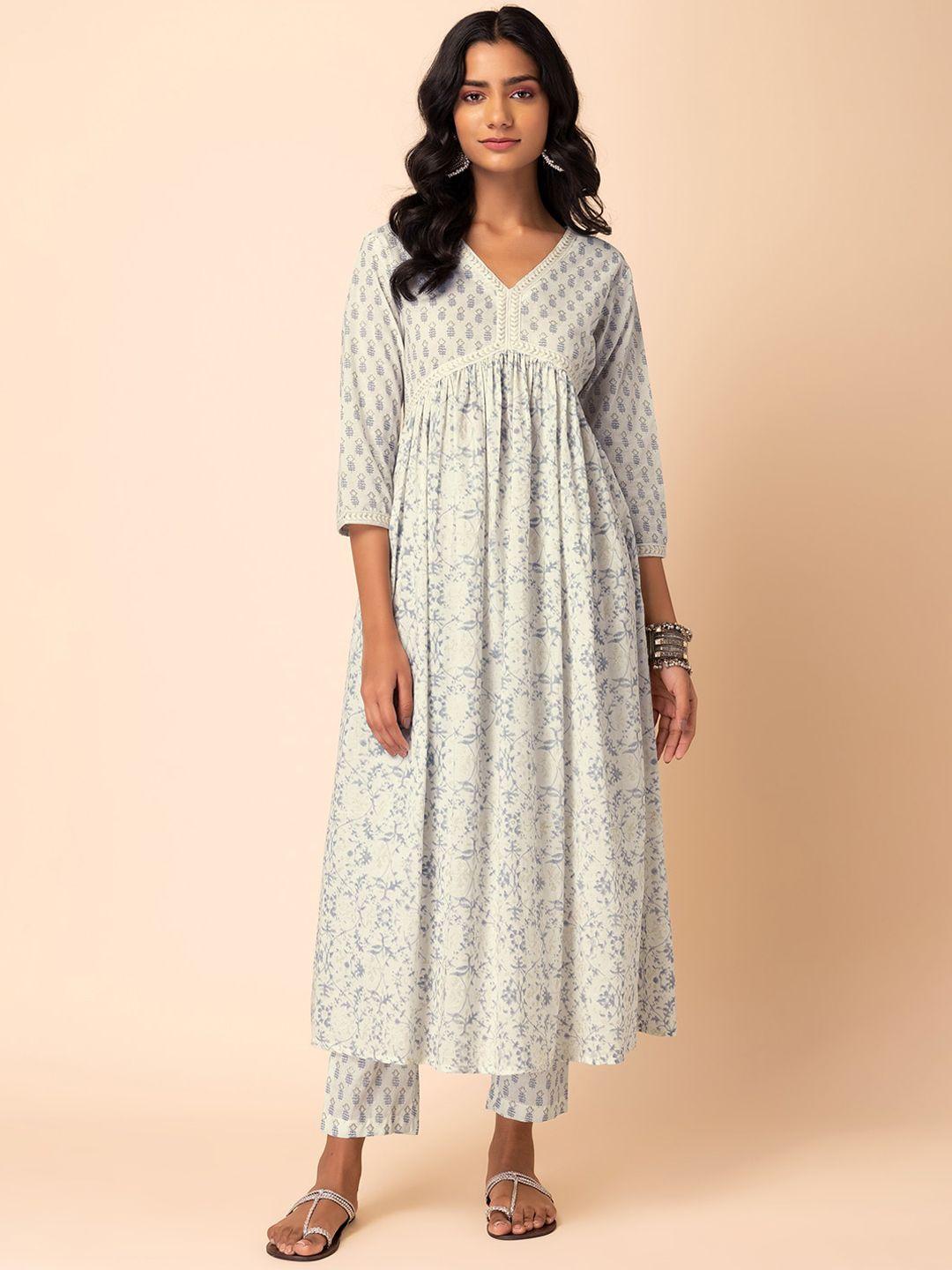 indya floral printed & embroidered cotton a-line kurta with trouser