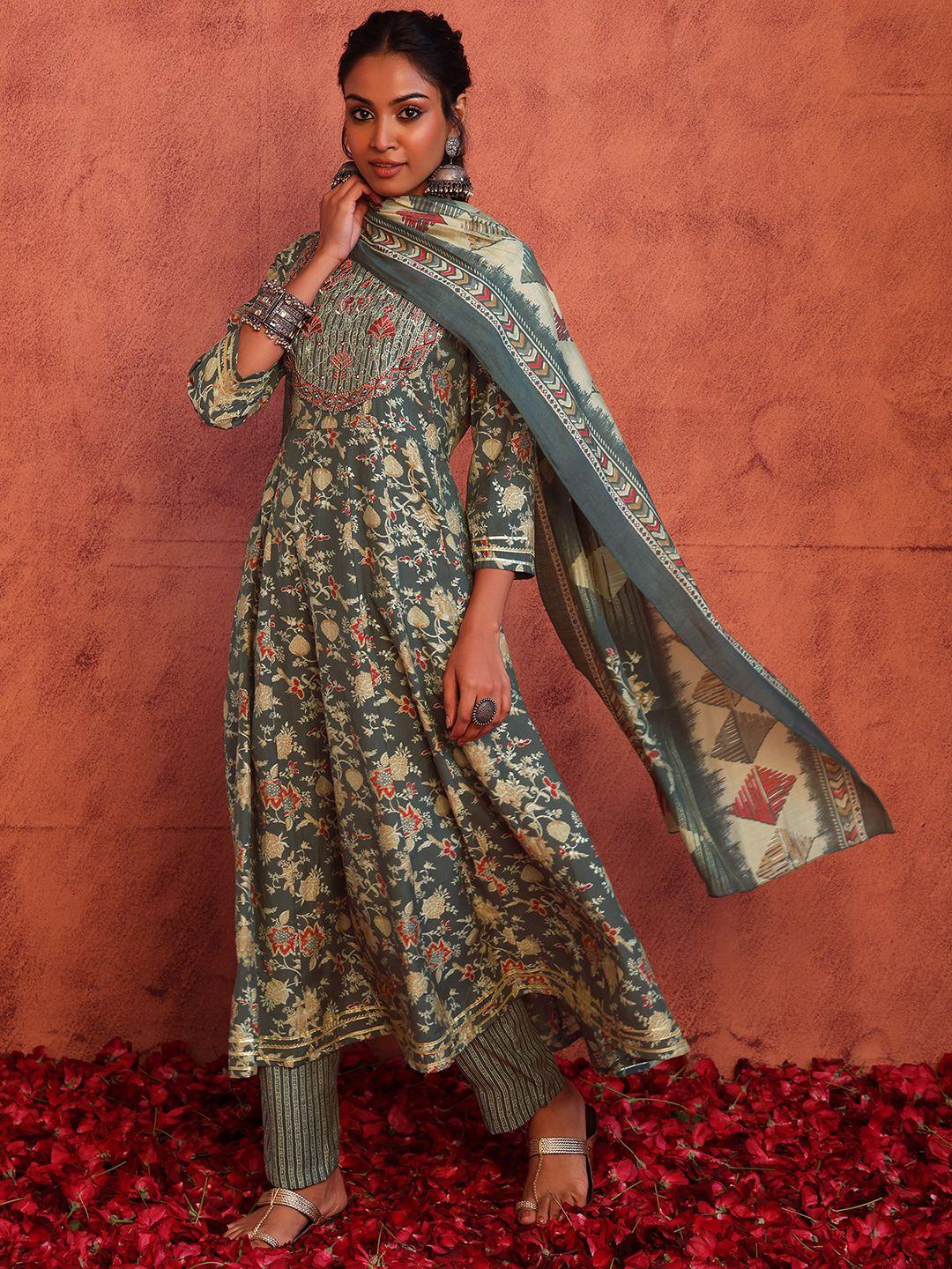 indya floral printed & embroidered muslin anarkali kurta with trouser & dupatta set