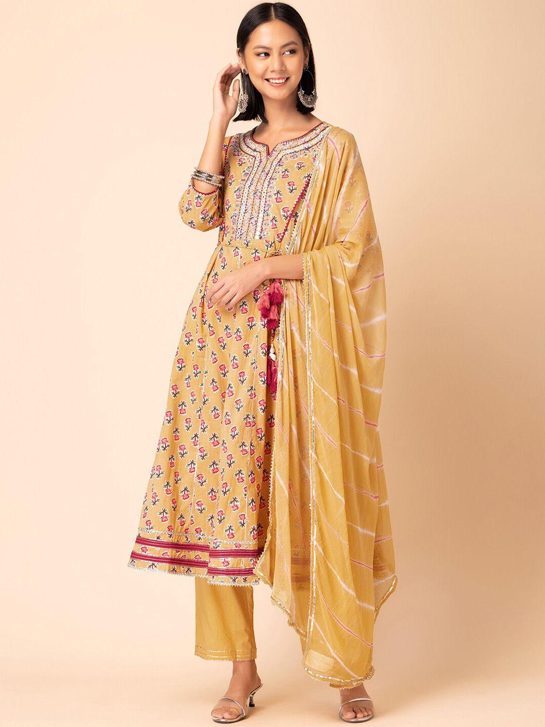 indya floral printed & embroidered pure cotton anarkali kurta with trouser & dupatta