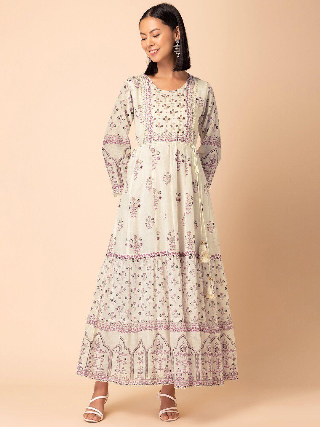 indya floral printed & embroidered pure cotton anarkali kurta