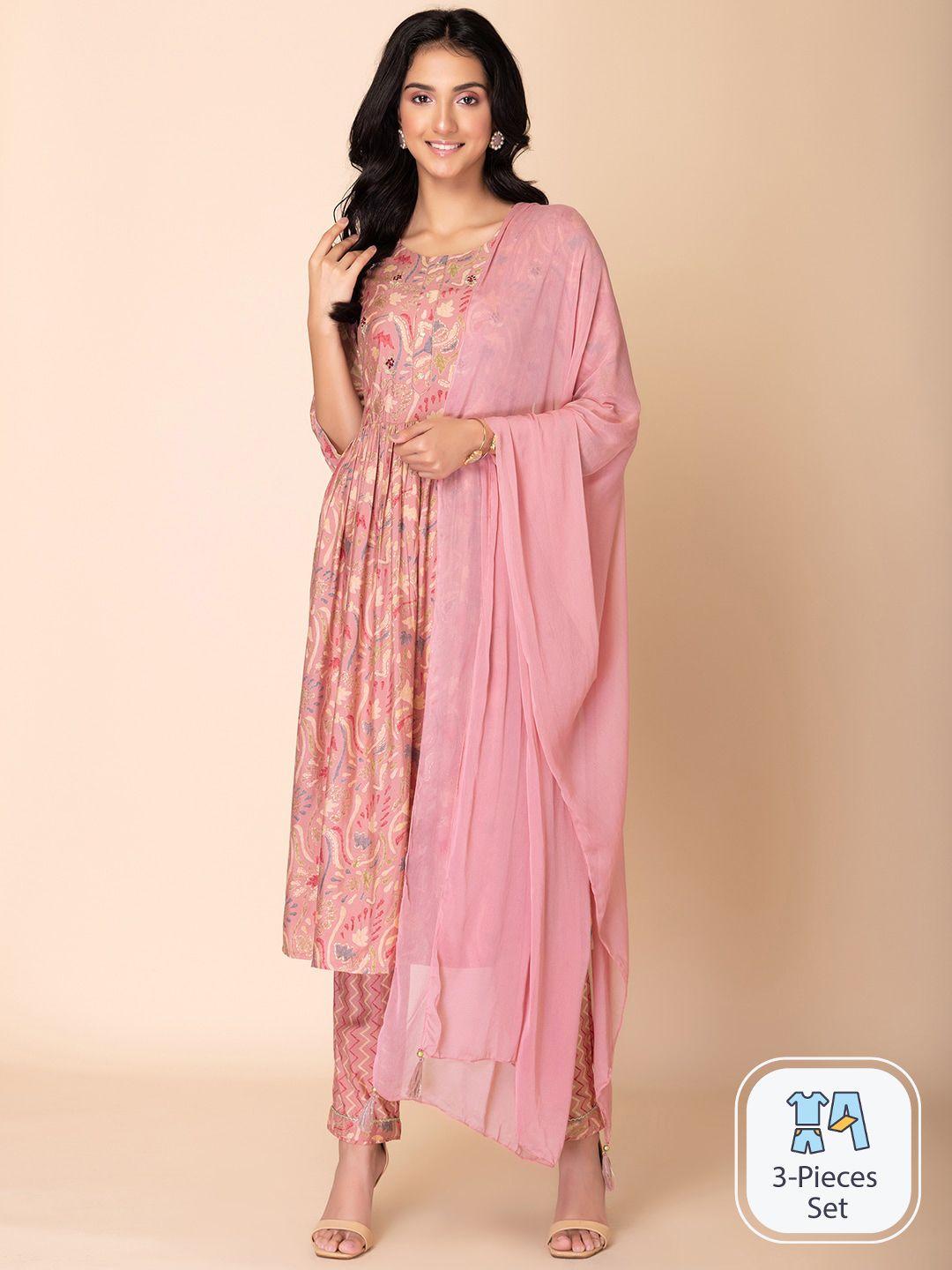 indya floral printed a-line kurta with trouser & dupatta