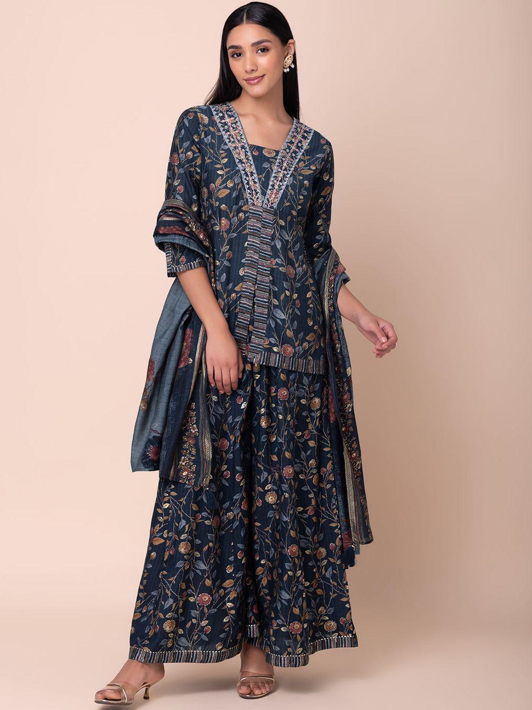 indya floral printed a-line kurti with palazzo & dupatta