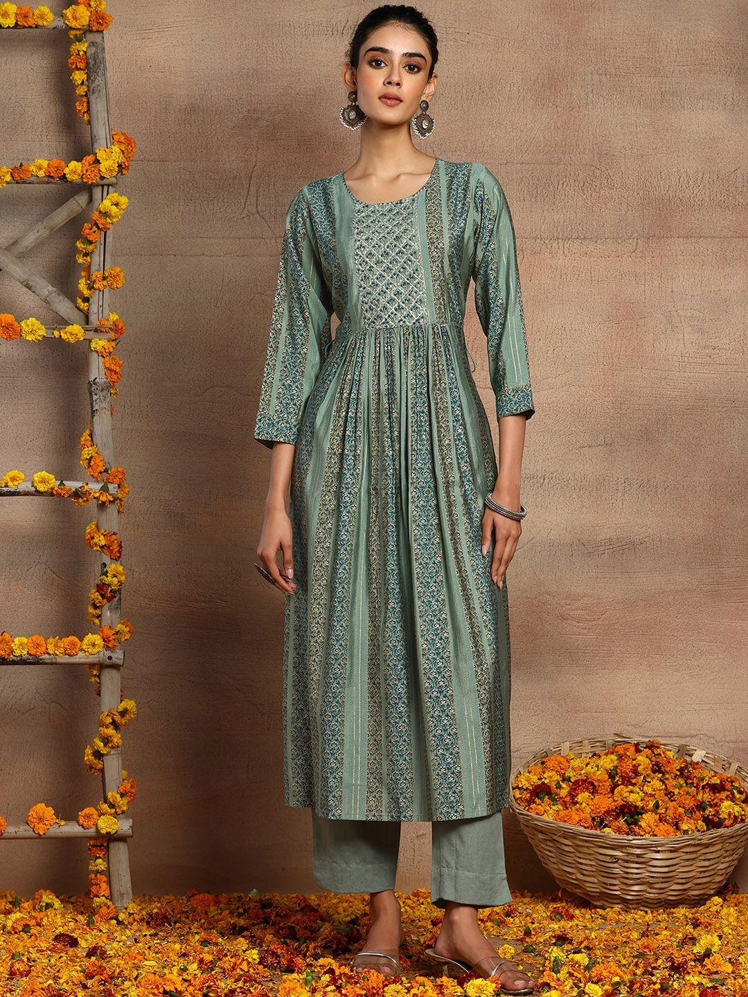 indya floral printed a-line pleated beads & stone kurta sets