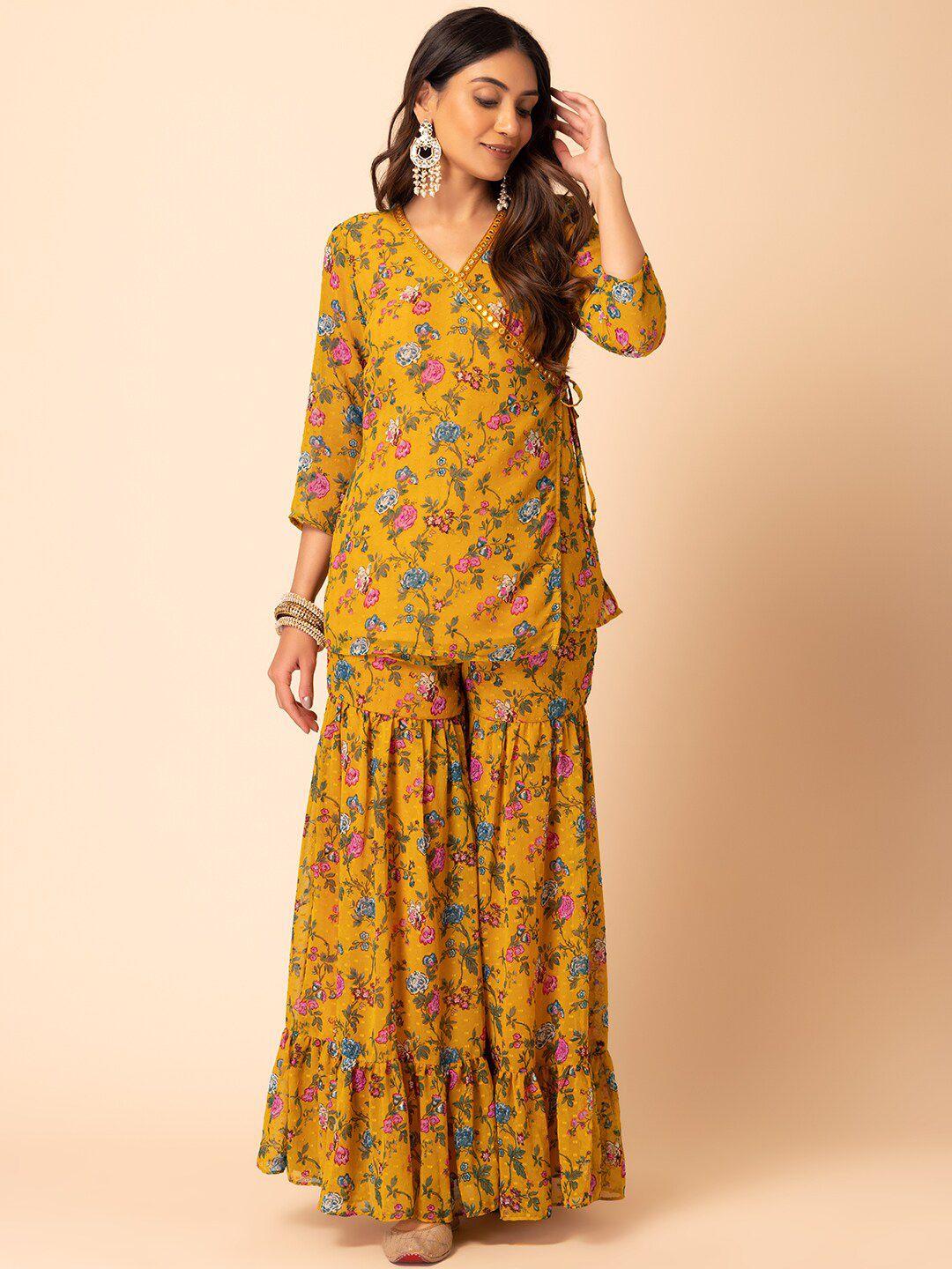 indya floral printed angrakha kurti with trousers