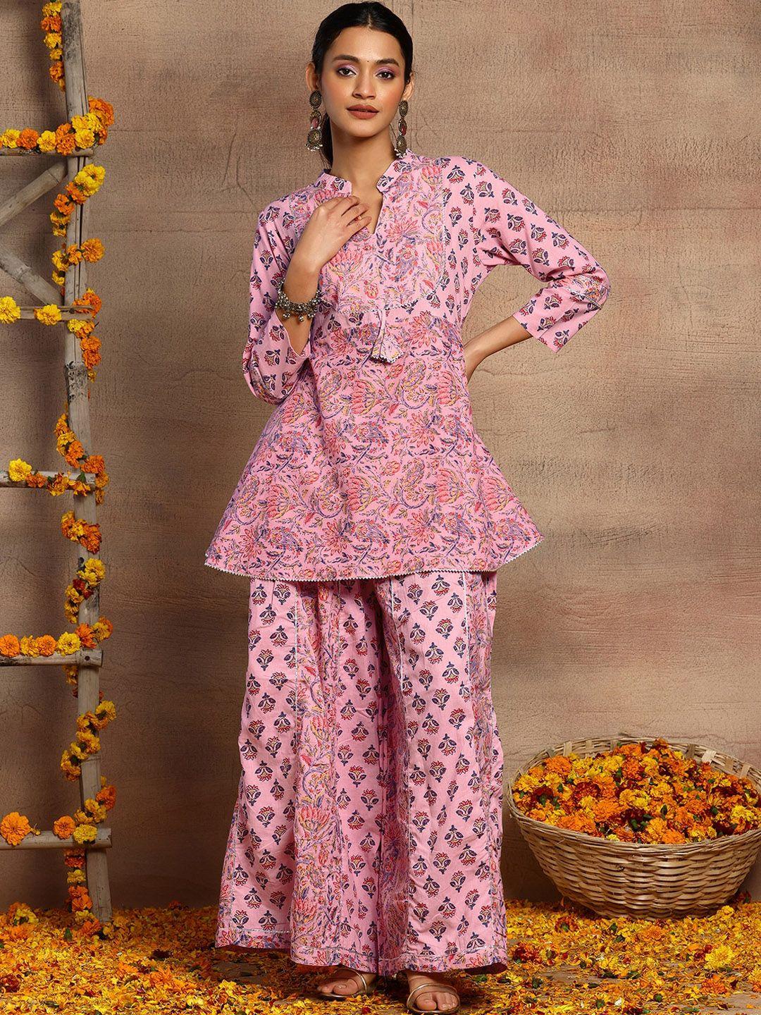 indya floral printed band collar pure cotton peplum kurta with palazzos