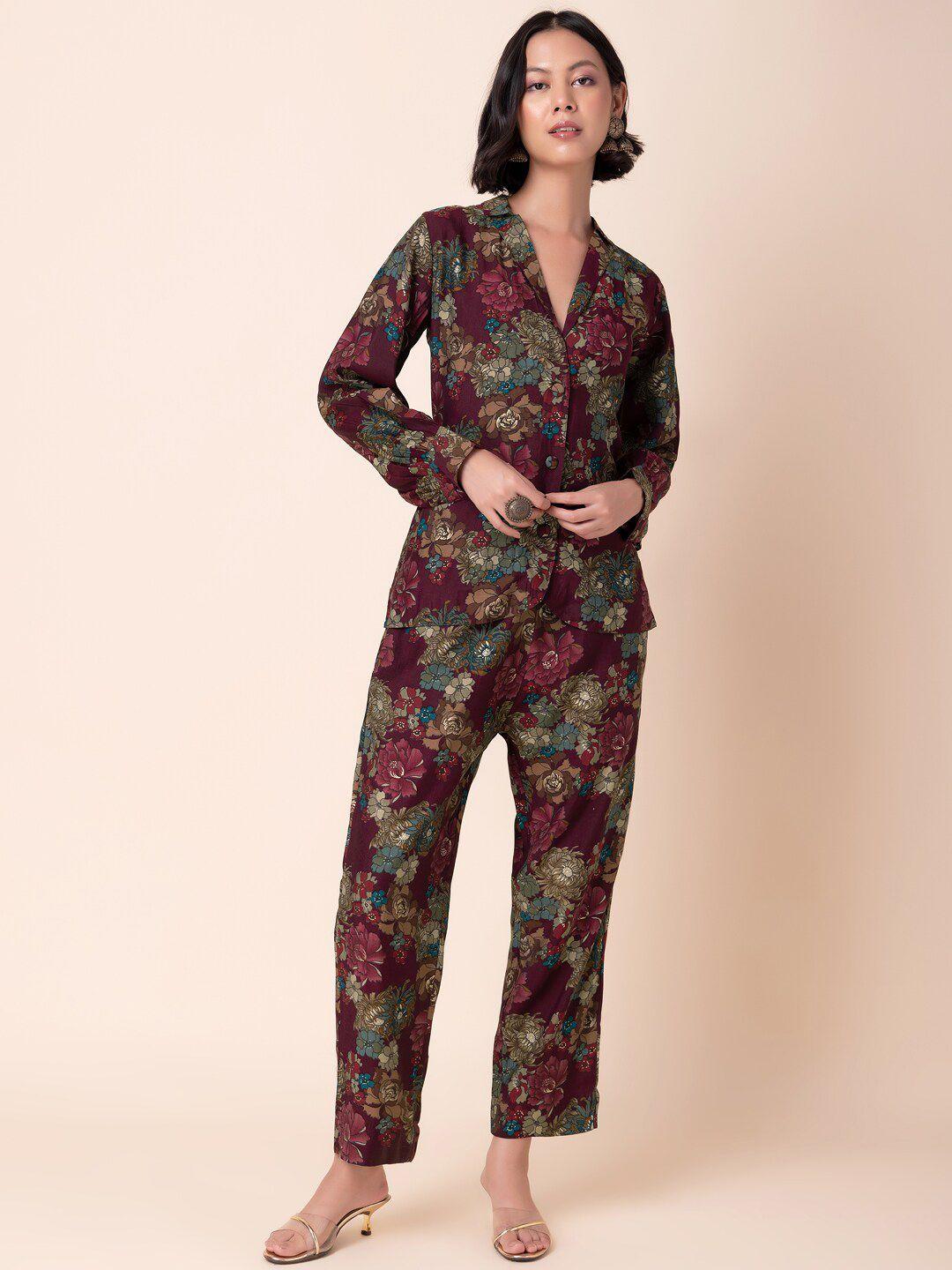 indya floral printed blazer style shirt with trouser