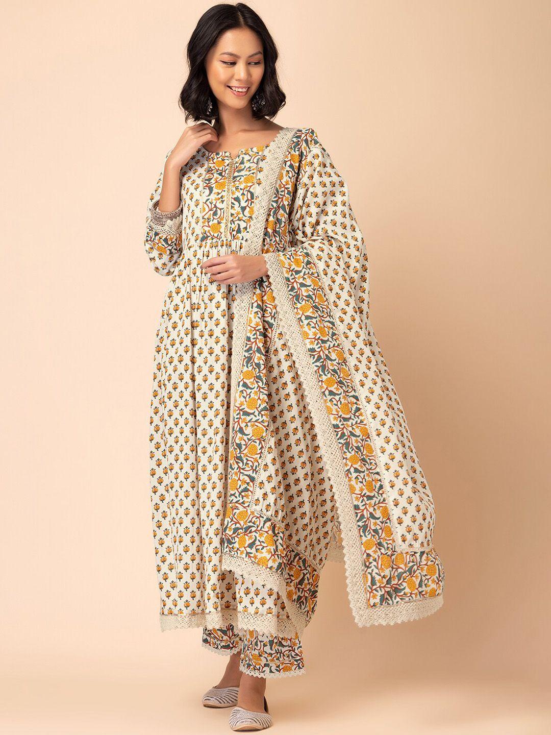 indya floral printed cotton a-line kurta with trouser & dupatta