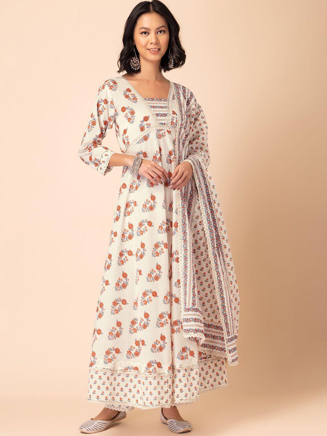indya floral printed cotton anarkali kurta with trouser & dupatta