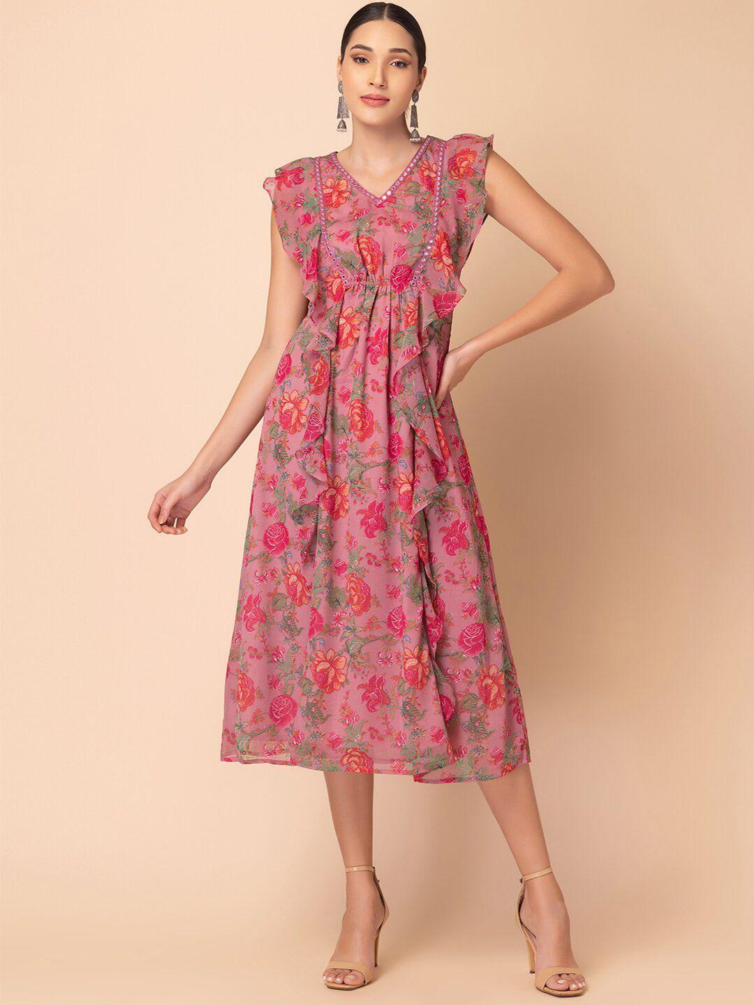indya floral printed embroidered a-line midi dress