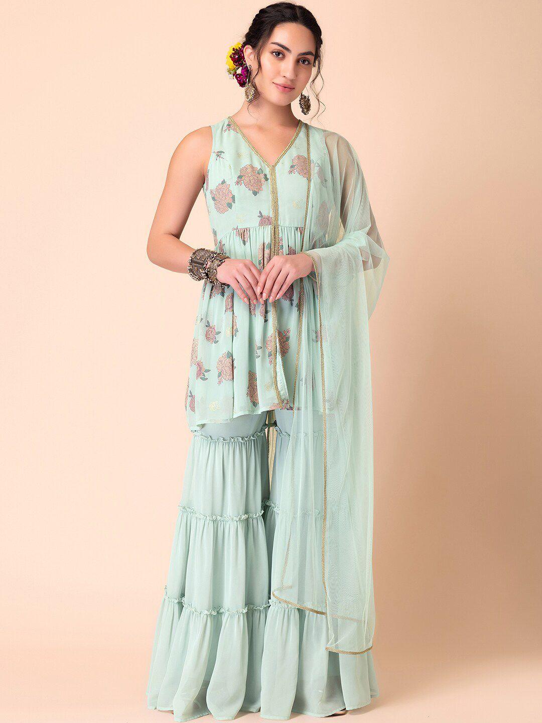 indya floral printed gotta patti pleated a-line kurti with sharara & dupatta