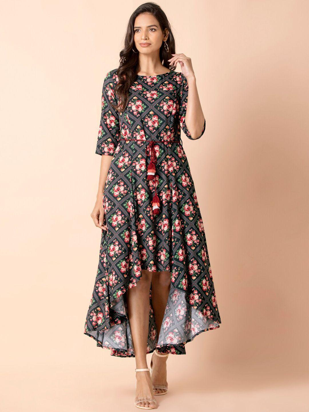 indya floral printed high low hem ethnic dresses
