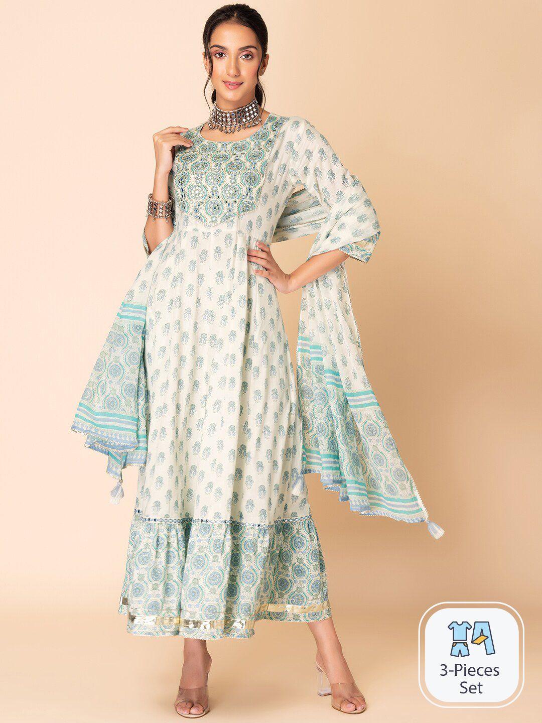 indya floral printed mirror work pure cotton anarkali kurta with palazzo & dupatta