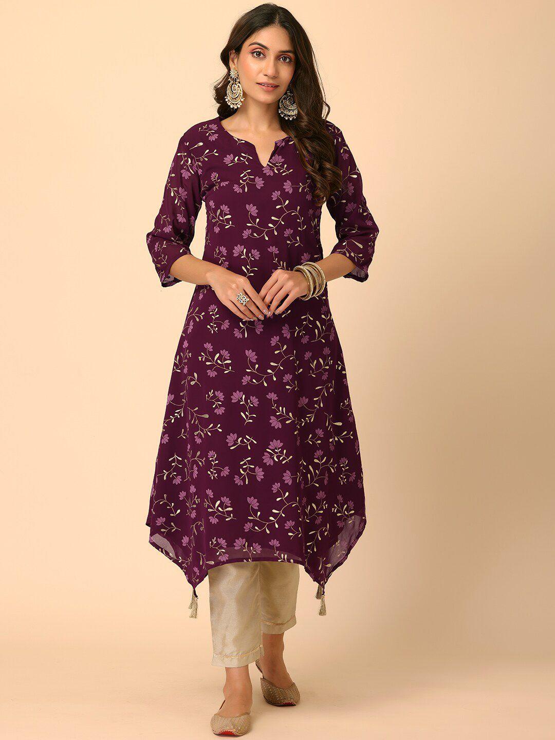 indya floral printed notched neck a-line kurta