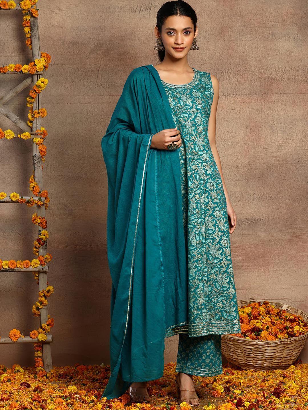 indya floral printed pure cotton a-line kurta with trouser & dupatta