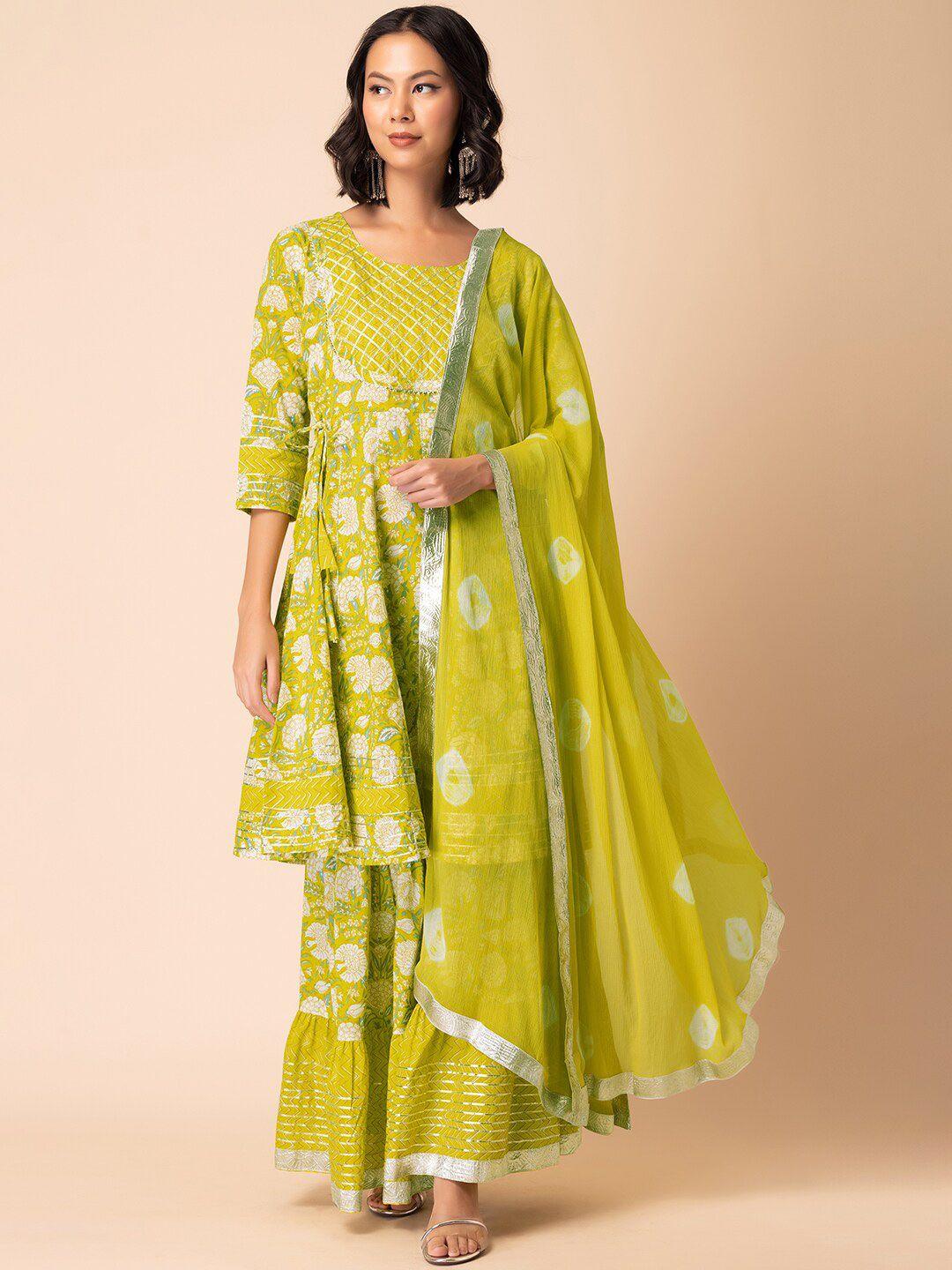 indya floral printed pure cotton anarkali kurta with sharara & dupatta