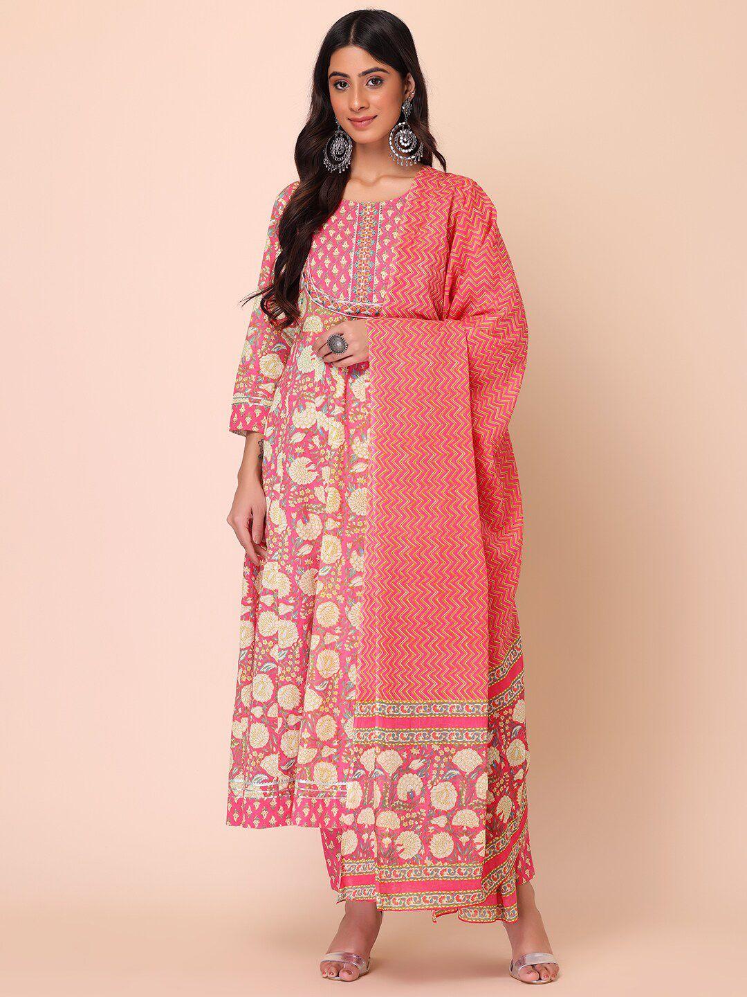 indya floral printed pure cotton kurta with trousers & with dupatta