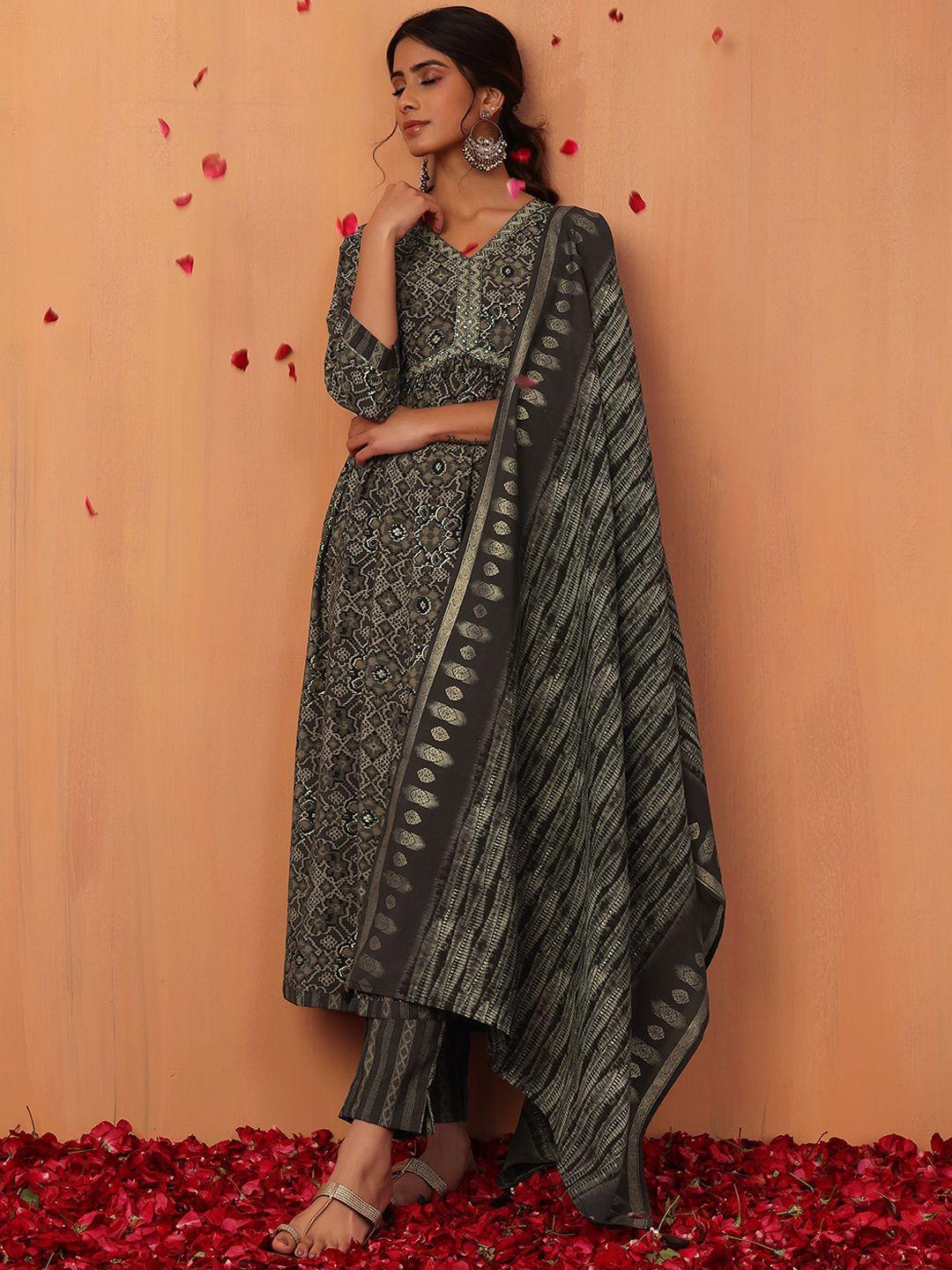 indya floral printed pure cotton pleated a-line kurta with trouser & dupatta