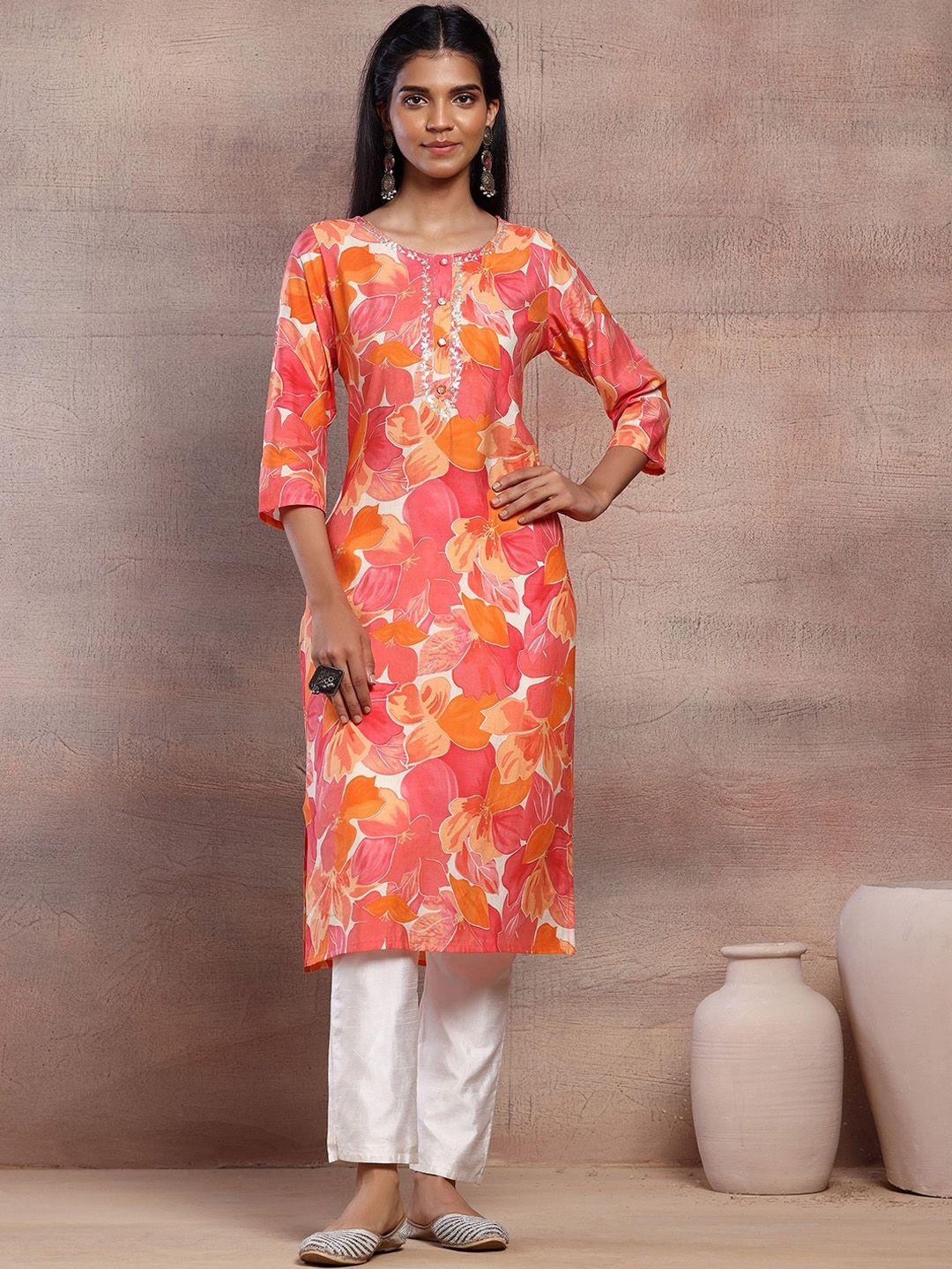 indya floral printed round neck cotton straight kurta