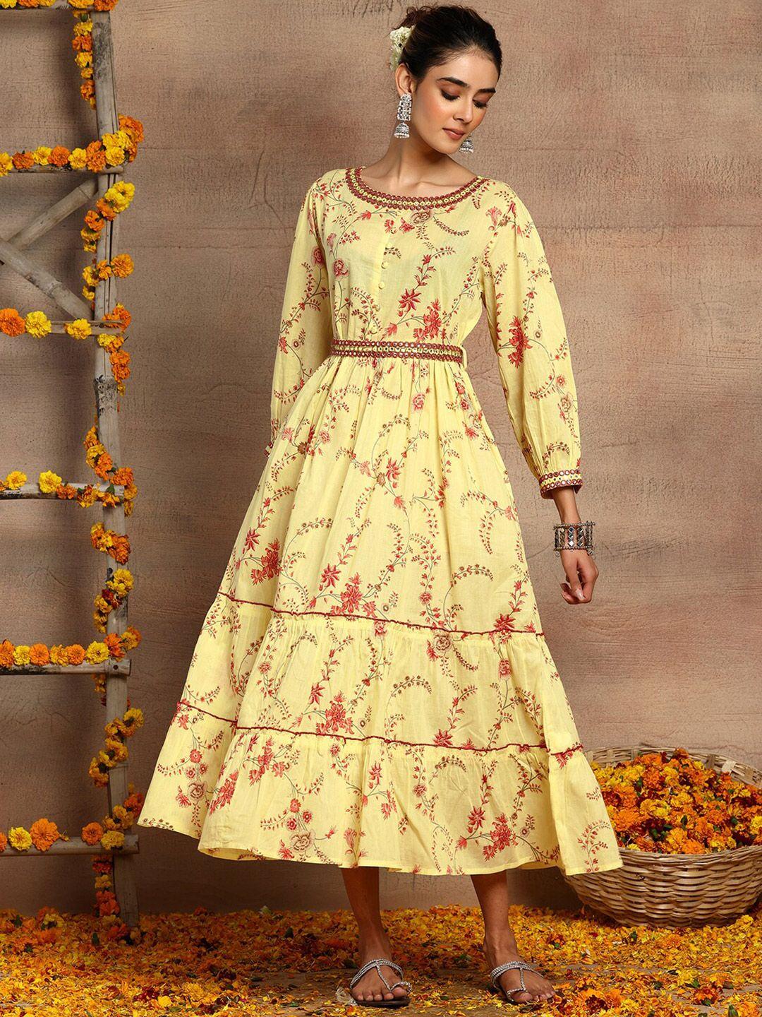 indya floral printed round neck pure cotton ethnic dress