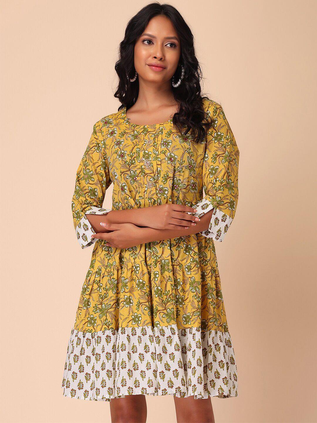 indya floral printed round neck pure cotton fit and flare dresses
