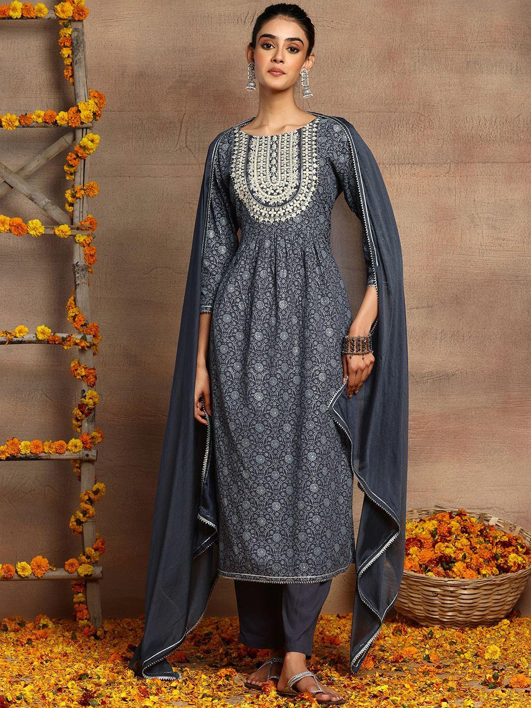 indya floral printed round neck thread work kurta & trousers  with dupatta