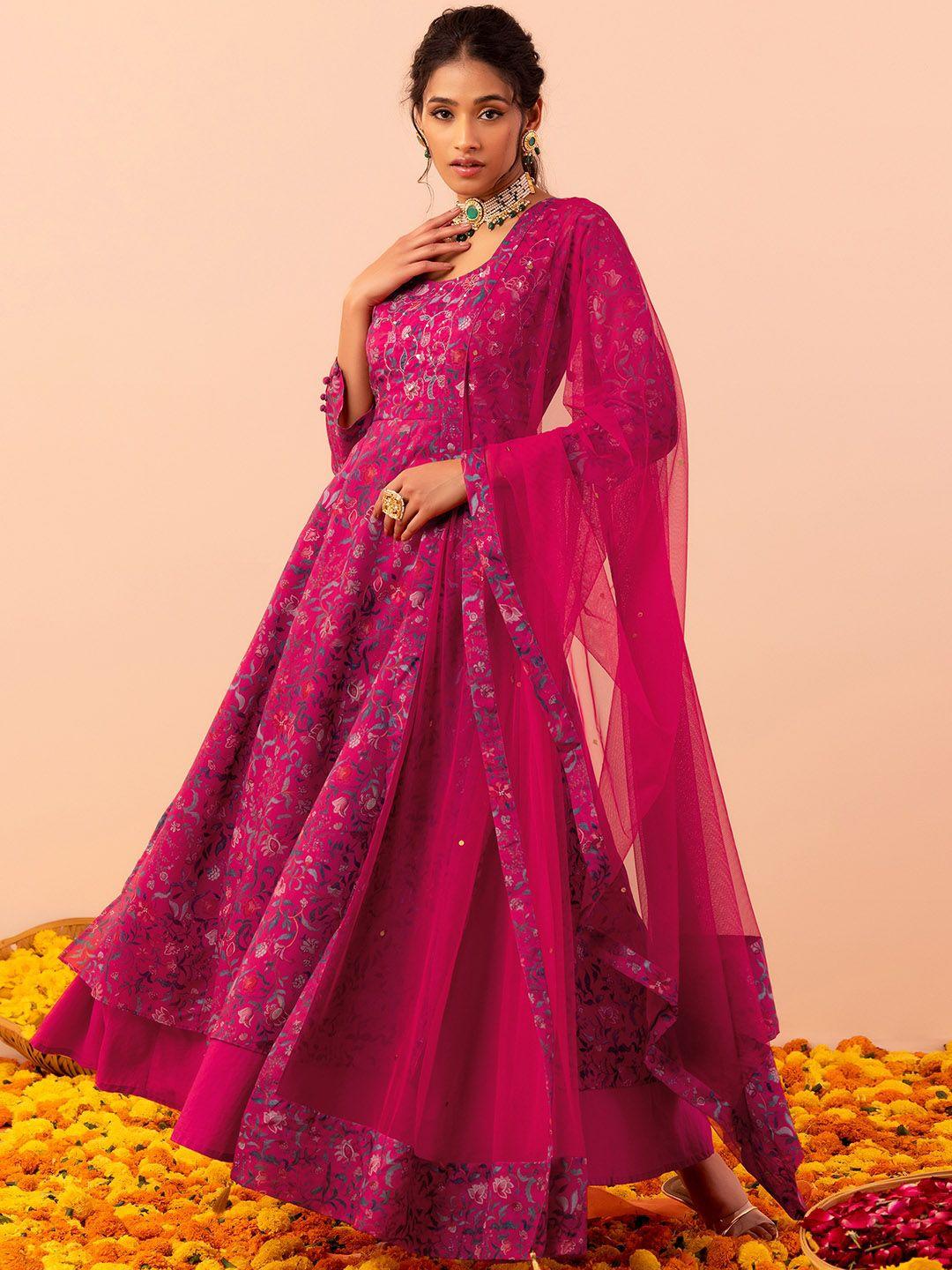 indya floral printed sequined fit & flare ethnic dress with dupatta