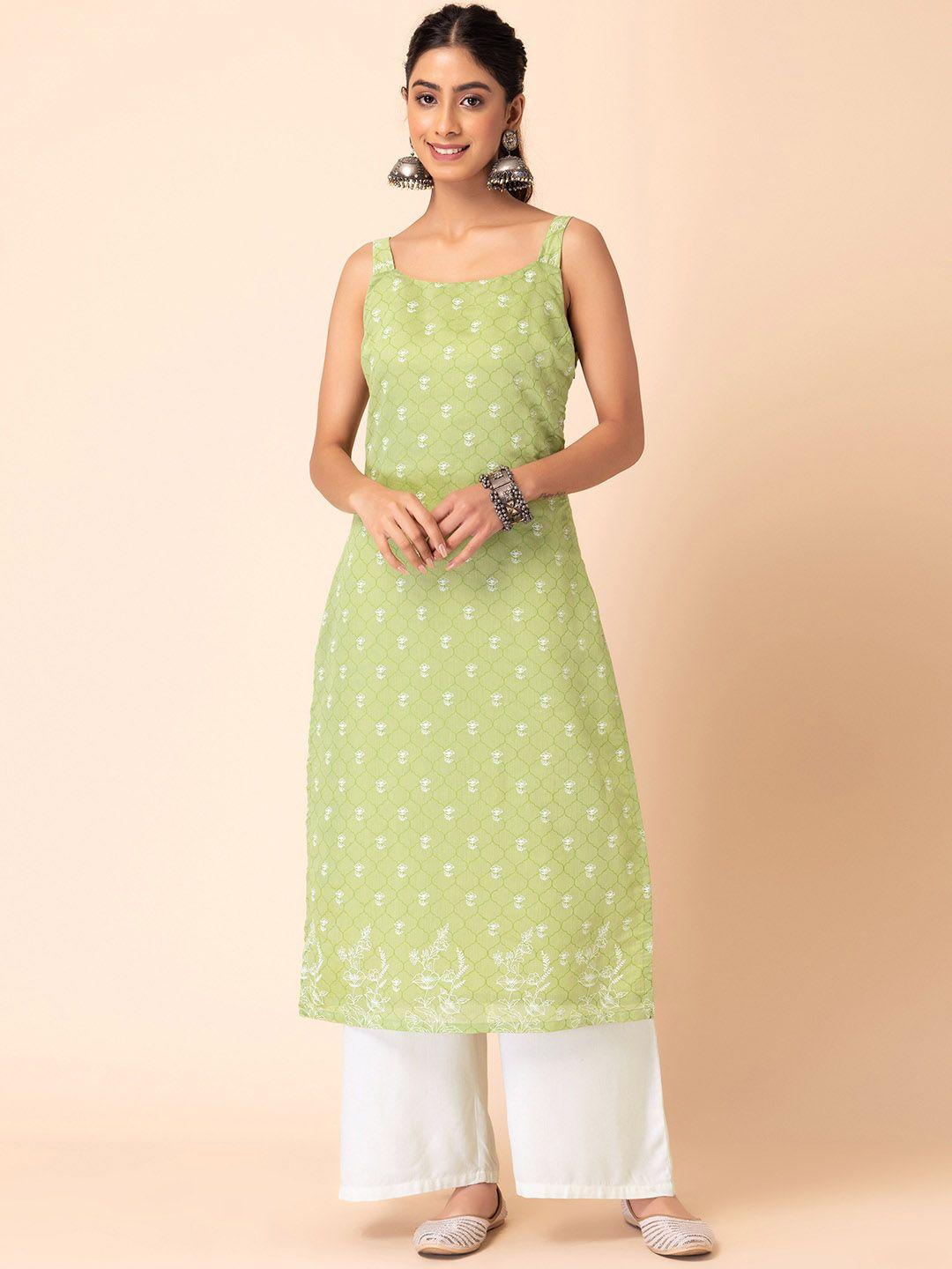 indya floral printed square neck chanderi silk kurta