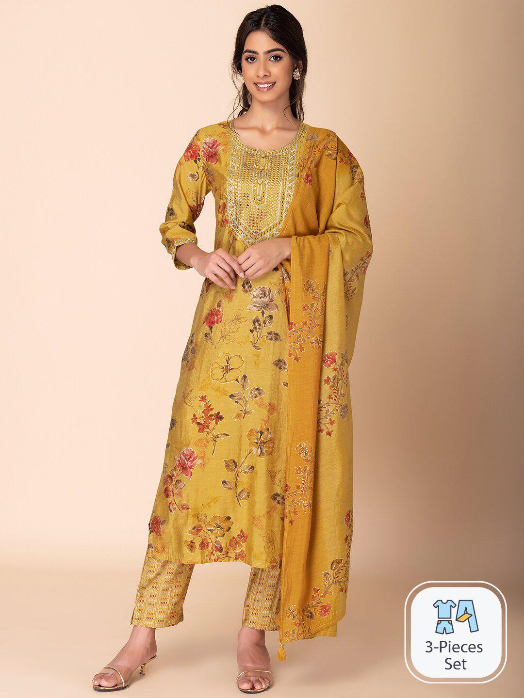 indya floral printed straight kurta with trouser & dupatta