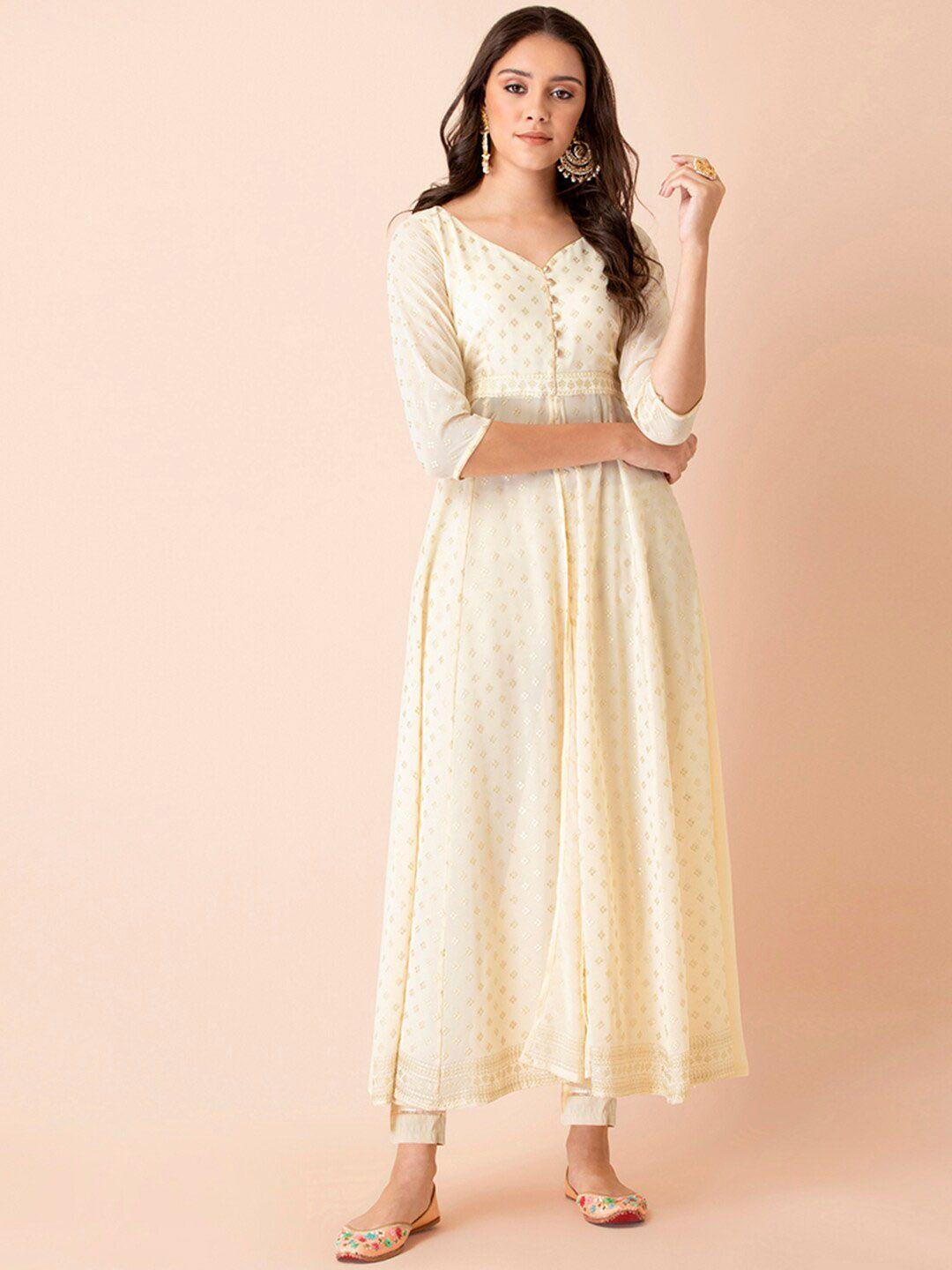 indya floral printed thread work high slit anarkali kurta