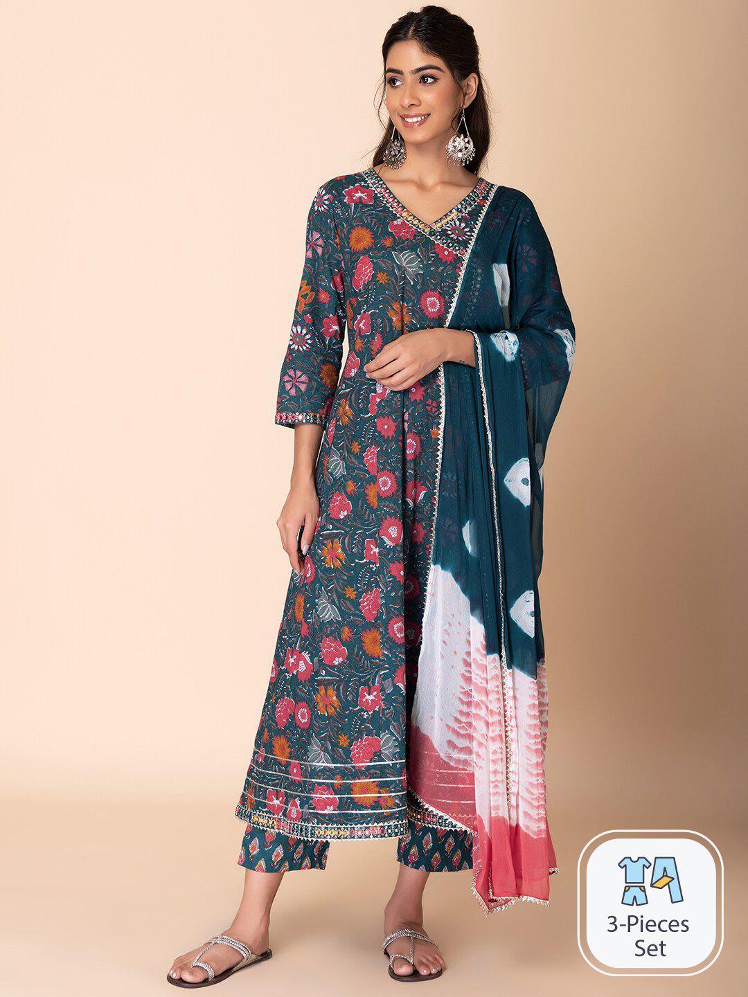 indya floral printed v-neck pure cotton angrakha kurta with trouser & dupatta