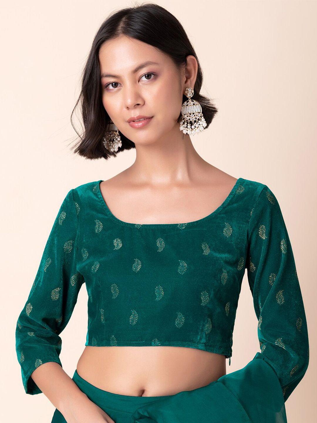 indya foil boota printed round neck three-quarter velvet saree blouse