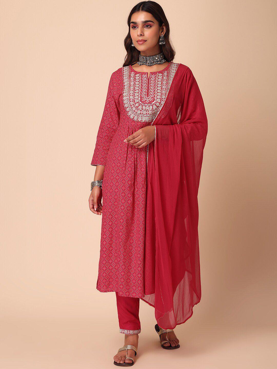 indya foil printed & embroidered a-line kurta with trouser & dupatta set