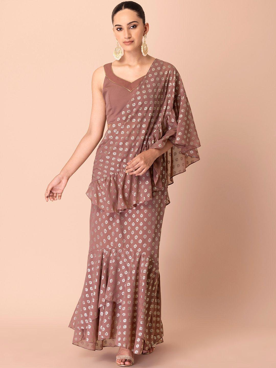 indya foil printed high low pre-stitched ruffles saree