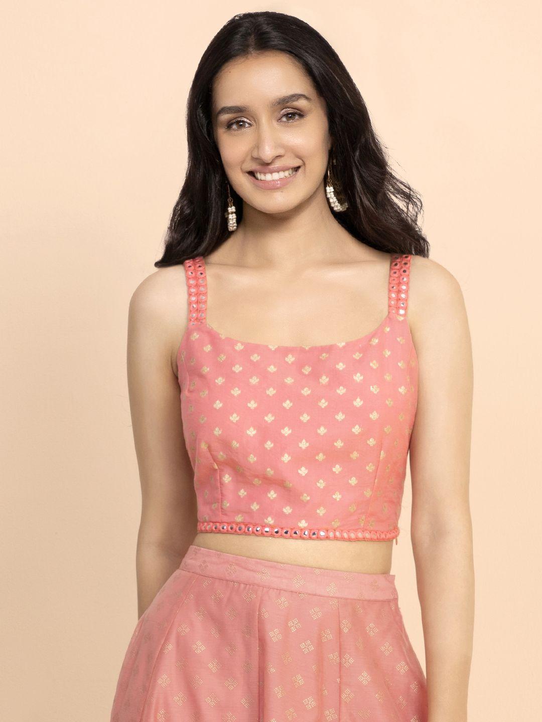 indya for shraddha kapoor pink brocade mirror work shoulder straps crop top