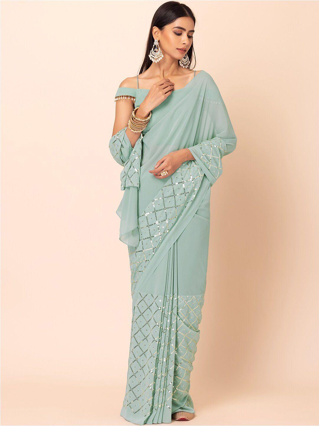 indya geometric embroidered saree with attached unstitched blouse